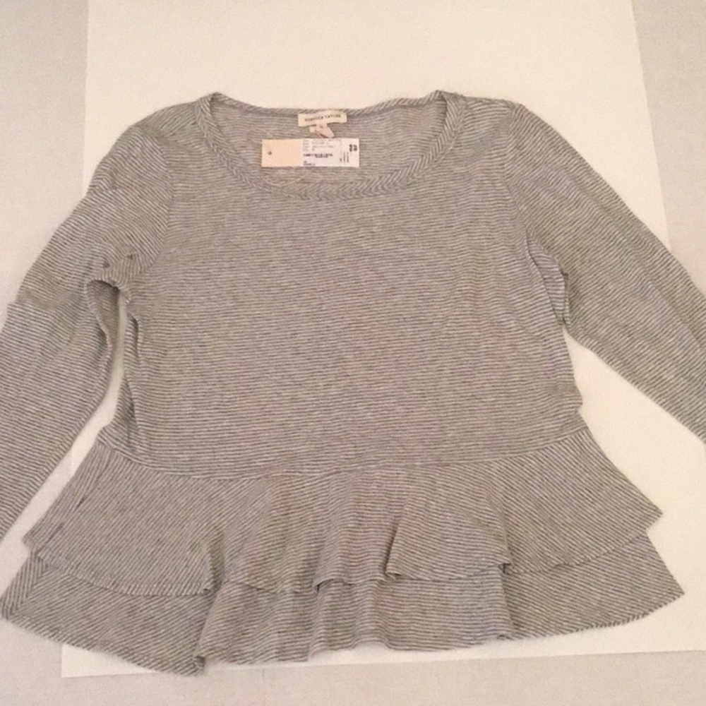 REBECCA TAYLOR 3/4 sleeve stripe tee with ruffles.